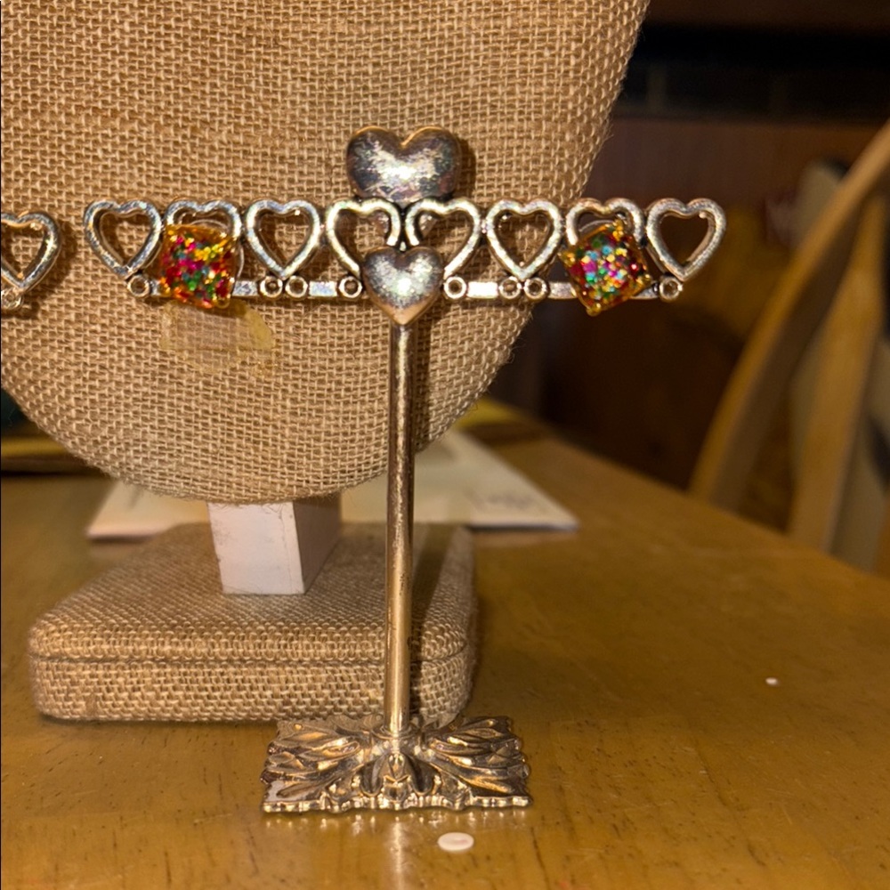 Heart Shaped Silver Earring Holder and Colorful Studd Earrings